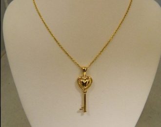 14k Yellow Gold Heart Key Pendant w/18″ Cable Link Chain